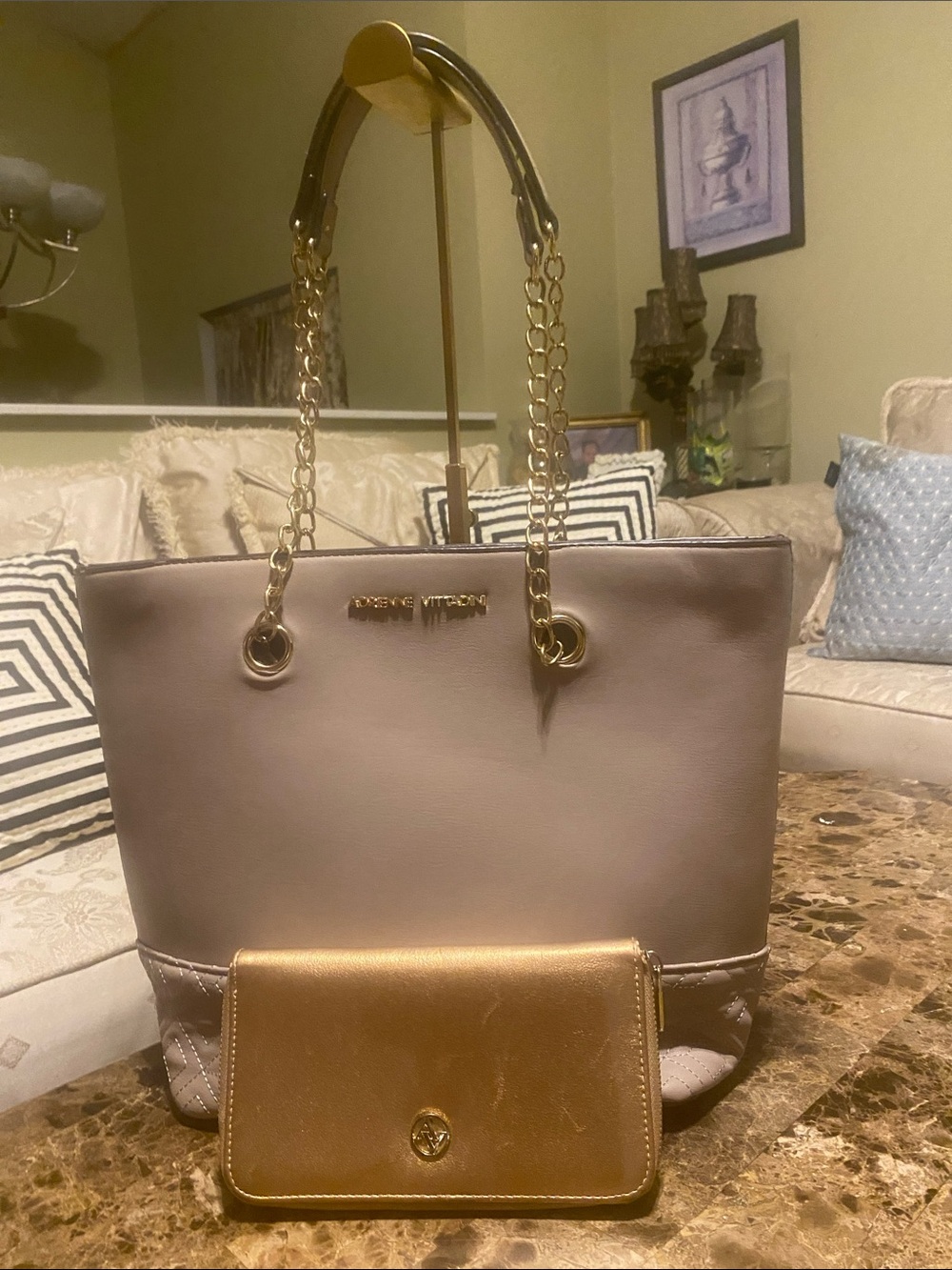 Adrienne Vittadini Taupe Tote with Gold Accents and Gold Wallet